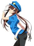  belt black_pants blue_hat blue_shirt brown_hair floating_hair from_side gloves green_eyes hair_ribbon hat index_finger_raised kirasaka_sayaka leaning_forward long_hair looking_at_viewer pants pink_ribbon ribbon shirt solo standing strike_the_blood transparent_background white_gloves 