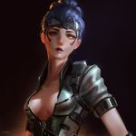  alternate_costume breasts cleavage dark_background goggles goggles_on_head hair_pulled_back highres looking_at_viewer medium_breasts overwatch parted_lips plunging_neckline ponytail purple_hair raikoart solo talon_widowmaker widowmaker_(overwatch) yellow_eyes 