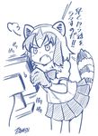  angry animal_ears artist_name commentary_request common_raccoon_(kemono_friends) fang gloves greyscale holding kemono_friends monitor monochrome open_mouth pleated_skirt puffy_short_sleeves puffy_sleeves raccoon_ears raccoon_tail short_hair short_sleeves skirt solo sweatdrop tail translated white_background yamato_nadeshiko 