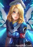  armband artist_name belt_pouch blonde_hair blue_eyes blue_wings blurry blurry_background breasts combat_medic_ziegler commentary cross_print freckles glowing glowing_wings hair_over_one_eye hat head_tilt light_particles lips logo looking_away looking_to_the_side mechanical_wings medium_breasts mercy_(overwatch) nudtawut_thongmai open_mouth overwatch pink_lips pouch shiny shiny_clothes shiny_hair solo thick_eyebrows thick_lips uniform upper_body watermark web_address white_hat wings 
