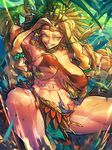  abs arm_up aztec bandeau bead_necklace beads blonde_hair bouncing_breasts bracer breasts evil_grin evil_smile fate_(series) fringe_trim green_eyes grin hair_beads hair_ornament headband headgear highres jewelry large_breasts lip_piercing loincloth long_hair melon22 motion_blur navel necklace piercing quetzalcoatl_(fate/grand_order) sharp_teeth sidelocks smile solo spread_legs teeth thick_thighs thighs toned torn_clothes tribal wardrobe_malfunction wince 