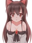  animal_ears ao_(aoblueao) blush breasts brooch brown_hair cleavage collarbone dress imaizumi_kagerou jewelry large_breasts long_hair long_sleeves looking_at_viewer off-shoulder_shirt off_shoulder open_mouth red_eyes shirt simple_background solo touhou white_background wide_sleeves wolf_ears 