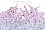  2girls animal_ears breasts bunny_ears bunnysuit camilla_(fire_emblem_if) closed_eyes father_and_daughter fire_emblem fire_emblem:_kakusei fire_emblem_heroes fire_emblem_if hair_over_one_eye krazehkai krom long_hair looking_at_viewer lucina marks_(fire_emblem_if) medium_breasts monochrome multiple_boys multiple_girls one_eye_closed short_hair smile v 