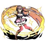  belt blush boots bow breasts brown_footwear brown_hair divine_gate floating_hair full_body hair_between_eyes hair_bow knee_boots kono_subarashii_sekai_ni_shukufuku_wo! large_breasts long_hair looking_at_viewer magic open_mouth outstretched_arm red_bow red_eyes red_legwear shadow skirt solo standing thighhighs transparent_background ucmm wavy_mouth white_skirt yunyun_(konosuba) zettai_ryouiki 