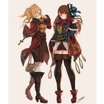  ;d ankle_boots arm_at_side arm_behind_back asymmetrical_bangs bag bangs beatrix_(granblue_fantasy) belt bespectacled blonde_hair blue-framed_eyewear blue_eyes blue_jacket blue_ribbon boots bow braid breasts brown_eyes brown_footwear brown_hair brown_legwear brown_shorts brown_skirt buttons closed_mouth coat cross frilled_sleeves frills glasses granblue_fantasy grey_background hair_bow hair_ribbon handbag holding holding_bag jacket knee_boots long_hair long_sleeves looking_at_viewer medium_breasts medium_skirt multiple_girls one_eye_closed open_clothes open_jacket open_mouth orange_sweater pantyhose red_footwear red_scarf ribbon scarf semi-rimless_eyewear shorts signature simple_background skirt sleeve_cuffs smile sweater thighhighs turtleneck turtleneck_sweater twintails under-rim_eyewear white_legwear yatsuka_(846) zeta_(granblue_fantasy) 