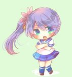  akebono_(kantai_collection) bell blue_sailor_collar blue_skirt chibi crossed_arms flower full_body hair_bell hair_flower hair_ornament jingle_bell kantai_collection kouu_hiyoyo long_hair looking_at_viewer open_mouth pleated_skirt purple_eyes purple_hair sailor_collar side_ponytail skirt solo very_long_hair 