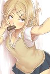  armpits bangs blonde_hair breasts brown_eyes commentary_request dagashi_kashi ear_piercing endou_saya fang hair_ornament hairclip highres jewelry lips long_hair looking_at_viewer nukkoru open_mouth piercing reaching_out shirt small_breasts solo sweater_vest swept_bangs white_shirt 