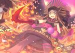  back_bow bad_id bad_pixiv_id black_capelet blurry blurry_foreground bow brown_eyes brown_hair capelet chacha_(fate/grand_order) cherry_blossoms craytm depth_of_field dutch_angle fate/grand_order fate_(series) flaming_sword food forehead from_below fruit full_moon fur_trim gold_trim hand_on_hip hat keikenchi_(style) koha-ace long_hair looking_at_viewer moon moonlight multiple_girls night night_sky obi oda_nobunaga_(fate) open_mouth orange outdoors panties panties_under_pantyhose pantyhose perspective petals pink_moon pink_sash red_sword sash sky smile solo_focus standing sword tree underwear upskirt v-shaped_eyebrows weapon 