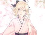  1girl ahoge black_bow blonde_hair blurry bow cherry_blossoms commentary_request depth_of_field fate_(series) flower grey_eyes hair_bow half_updo holding holding_flower japanese_clothes kanameyura kimono koha-ace looking_at_viewer obi okita_souji_(fate) okita_souji_(koha-ace) outdoors parted_lips photoshop_(medium) pink_kimono sash short_hair solo upper_body 