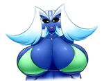  2017 anthro averyshadydolphin big_breasts bikini bikini_top blue_skin breasts clothing dragon eyebrows female green_eyes huge_breasts looking_at_viewer smile solo swimsuit tongue tongue_out 