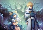  1girl asymmetrical_wings belt blonde_hair blue_hair bow commentary cubehero dizzy fingerless_gloves fireflies gloves guilty_gear hair_bow ky_kiske long_hair midriff navel red_eyes short_hair sword tail tree weapon wings 