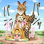  10s 1girl animal_ears animal_tail bestiality blonde_hair blush cloud day drooling elbow_gloves gloves grass hetero hitstales japanese kemono_friends open_mouth outdoors polka_dot polka_dot_gloves saliva serval_(kemono_friends) serval_ears serval_tail sex sky tail text tongue tongue_out top-down_bottom-up translation_request 