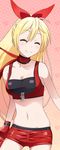  blonde_hair bow breasts choker cleavage closed_eyes collarbone gloves groin hair_bow hair_ribbon kirisaki_chitoge long_hair medium_breasts midriff navel nisekoi red_gloves red_ribbon red_shorts ribbon ribbon_choker short_shorts shorts smile solo standing stomach tank_top very_long_hair 