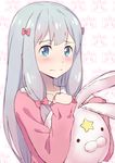  blue_eyes blue_hair blush bow closed_mouth comet-kun embarrassed eromanga_sensei hair_bow highres hoshikuzu_witch_meruru izumi_sagiri long_hair looking_at_viewer meruru_(oreimo) pink_bow solo stuffed_animal stuffed_bunny stuffed_toy ttc upper_body wavy_mouth 