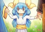  blue_hair blush_stickers bow child commentary cubehero dizzy flower guilty_gear hair_bow holding_hands long_hair red_eyes smile younger 