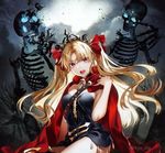  blonde_hair cape earrings ereshkigal_(fate/grand_order) fate/grand_order fate_(series) gold_trim hair_ribbon jewelry kyou_zip long_hair looking_at_viewer open_mouth red_cape red_eyes red_ribbon ribbon skeleton skull solo tiara twintails 