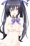  blush breasts grabbing groping hair_ornament hand_on_own_chest highres long_hair medium_breasts navel neptune_(series) nipples niwaka_potato noire open_mouth red_eyes self_fondle shin_jigen_game_neptune_vii simple_background solo twintails white_background 