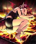  barefoot cygames dragon_girl dragon_horns dragon_tail earrings fire harnessed_flame horns jewelry lena_(zoal) lying molten_rock official_art on_side pointy_ears red_eyes red_hair shadowverse shingeki_no_bahamut shorts sweat symbol-shaped_pupils tail 