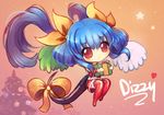  alternate_color asymmetrical_wings birthday blue_hair bow box chibi christmas christmas_tree commentary cubehero dizzy gift gift_box guilty_gear hair_bow heart holding holding_gift long_hair red_eyes solo tail tail_bow thighhighs wings 