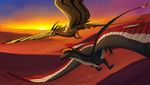  black_hair claws day desert dragon feathered_wings feathers feral hair horn outside red_feathers sky sun sythgara wings 