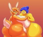  2017 anthro big_breasts big_butt breast_squish breasts breasts_frottage butt daredemon7000 duo female female/female hair hand_holding huge_breasts huge_butt lagomorph mammal nude overweight rabbit simple_background slightly_chubby smile thick_thighs unknown_species voluptuous wide_hips 