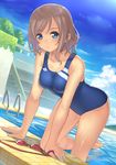  :/ all_fours arm_support bare_arms barefoot blue_eyes blue_sky blue_swimsuit breasts brown_hair cloud collarbone commentary_request competition_swimsuit day goggles goggles_removed grey_hair hajime_kaname highres looking_at_viewer love_live! love_live!_sunshine!! medium_breasts one-piece_swimsuit outdoors pool pool_ladder poolside short_hair sky solo stairs swimsuit watanabe_you water wet 
