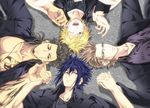  beard black_hair blonde_hair blue_eyes blue_hair brown_eyes brown_hair circle_formation facial_hair final_fantasy final_fantasy_xv gladiolus_amicitia glasses green_eyes highres holding_hands ignis_scientia lying male_focus multiple_boys nae_(mzxt3557) noctis_lucis_caelum one_eye_closed prompto_argentum smile tattoo 