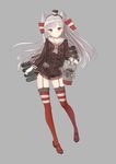  amatsukaze_(kantai_collection) ass_visible_through_thighs bangs brown_eyes closed_mouth d.r_(liu1029367675) dress eyebrows_visible_through_hair floating_hair full_body garter_straps gloves grey_background hair_tubes hat kantai_collection long_hair long_sleeves looking_at_viewer mini_hat red_legwear rensouhou-kun rigging sailor_collar sailor_dress silver_hair simple_background thighhighs two_side_up white_gloves 