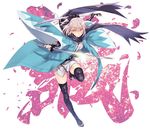  blonde_hair cherry_blossoms commentary_request fate_(series) hair_ribbon half_updo highres katana koha-ace matsuryuu okita_souji_(fate) okita_souji_(fate)_(all) open_toe_shoes ponytail ribbon robe scabbard scarf sheath shoes solo sword thighhighs weapon yellow_eyes 