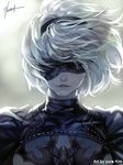  artist_name black_dress blindfold blurry breasts cleavage depth_of_field dress hairband kim_yura_(goddess_mechanic) lips md5_mismatch medium_breasts mole mole_under_mouth nier_(series) nier_automata parted_lips signature silver_hair solo yorha_no._2_type_b 