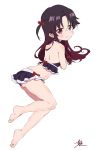  absurdres bangs barefoot black_hair black_swimsuit blush bow brown_hair cao_yuxiang feet gradient_hair hair_bow highres long_hair looking_at_viewer multicolored_hair red_bow red_eyes ryuuou_no_oshigoto! solo swimsuit yashajin_ai 