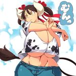  1girl breasts brown_hair cleavage cow_girl cow_horns cow_tail gigantic_breasts hair_ribbon hataraki_ari horns original solo sukimi sukimi_(hataraki) 