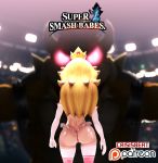  1girl 3d ass ass_focus blonde_hair blurry bowser butt_crack cowboy_shot crisisbeat crown depth_of_field frills from_behind glowing glowing_eyes long_hair mario_(series) monster nintendo patreon_username princess_peach red_eyes revealing_clothes super_mario_bros. super_princess_peach super_smash_bros. thighhighs thong wide_hips 