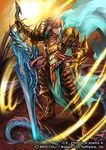  armor armored_boots blonde_hair blue_eyes boots cape company_name copyright_name dragon full_body gloves huge_weapon male_focus moreshan official_art solo sword weapon z/x 