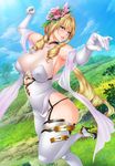  1girl bare_shoulders blonde_hair blue_eyes bodysuit breasts character_request curvy erect_nipples fei_(maidoll) female grass hair_ornament large_breasts lilith-soft long_hair looking_at_viewer no_bra shiny_skin sky smile solo taimanin_asagi_battle_arena 