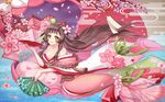  branch breasts brown_hair cherry_blossoms clam_shell cleavage cup egasumi fan flower folding_fan hair_flower hair_ornament japanese_clothes large_breasts mermaid monster_girl nightcat onmyoji petals sakazuki shouzu_(onmyoji) smile solo water yellow_eyes 