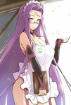  alternate_costume apron bare_shoulders book breasts cherry_blossoms choker cleavage detached_sleeves facial_mark fate/grand_order fate/stay_night fate_(series) forehead_mark garter_straps glasses hijiri holding holding_book large_breasts long_hair looking_at_viewer maid_headdress petals purple_eyes purple_hair rider semi-rimless_eyewear sidelocks solo under-rim_eyewear very_long_hair waitress 