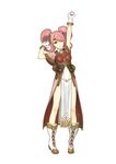  absurdres arm_up boots breastplate curly_hair dress fire_emblem fire_emblem_echoes:_mou_hitori_no_eiyuuou full_body gloves headband hidari_(left_side) highres knee_boots long_hair mae_(fire_emblem) official_art one_eye_closed pelvic_curtain pink_hair simple_background smile solo twintails white_background white_gloves 