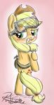  applejack_(mlp) blonde_hair cutie_mark equine eyelashes eyewear female feral friendship_is_magic goggles hair hat hooves mammal my_little_pony pink_background pucksterv simple_background smile solo standing 