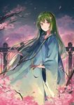  androgynous branch cherry_blossoms commentary_request enkidu_(fate/strange_fake) fate/grand_order fate/strange_fake fate_(series) fence green_hair highres jewelry kobuta long_hair long_sleeves looking_at_viewer male_focus necklace night outdoors outstretched_hand parted_lips petals robe solo tree tree_branch white_robe wide_sleeves wind yellow_eyes 
