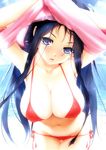  absurdres arms_up beach bikini black_eyes black_hair blush breasts cloud collarbone covered_nipples day happoubi_jin highres large_breasts long_hair looking_at_viewer navel open_mouth original red_bikini scan side-tie_bikini sky solo swimsuit undressing 