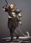  2014 5_fingers anthro armor cat feline fur holding_object holding_weapon mammal melee_weapon simple_background solo standing sword sythgara weapon whiskers white_fur 