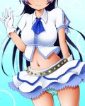  aqua_panties belt black_hair dr_rex gloves head_out_of_frame long_hair love_live! love_live!_school_idol_project midriff navel panties short_sleeves shoulder_cutout skirt smile solo sonoda_umi studded_belt underwear white_gloves 