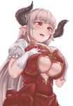  alicia_(granblue_fantasy) bad_hands bangs blunt_bangs blush bow breast_squeeze breasts center_opening chromatic_aberration cleavage cross cross_earrings draph dress earrings elbow_gloves eyebrows_visible_through_hair frilled_sleeves frills from_below gloves granblue_fantasy heart heart-shaped_pupils horns huge_bow huge_breasts jewelry long_hair looking_down open_mouth pointy_ears puffy_short_sleeves puffy_sleeves raised_eyebrows red_bow red_dress red_eyes shiny shiny_hair short_sleeves silver_hair smile solo straight_hair symbol-shaped_pupils tomiokasena underboob underboob_cutout upper_body very_long_hair white_gloves 