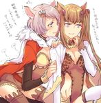  animal_ears bangs blue_eyes breasts brown_hair cleavage covered_navel erune granblue_fantasy grey_hair hair_ornament hand_on_another's_arm hand_on_another's_shoulder leaning_forward leaning_on_person leotard looking_at_another looking_to_the_side medium_breasts metera_(granblue_fantasy) mikan-uji multiple_girls open_mouth pelt purple_eyes short_hair siblings simple_background sisters sutera_(granblue_fantasy) sweatdrop text_focus thighhighs translation_request twintails white_background 