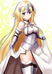  armor armored_boots bangs black_legwear blonde_hair blue_eyes boots breasts closed_mouth commentary_request cowboy_shot eyebrows_visible_through_hair fate/apocrypha fate_(series) fur-trimmed_gloves fur-trimmed_legwear fur_trim gauntlets gloves headpiece jeanne_d'arc_(fate) jeanne_d'arc_(fate)_(all) large_breasts long_hair looking_at_viewer minato_yoshihiro smile solo standing thighhighs very_long_hair 