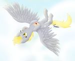  blonde_hair cutie_mark derpy_hooves_(mlp) equine feathered_wings feathers female flying friendship_is_magic fur grey_feathers grey_fur hair hooves mammal my_little_pony pegasus pucksterv smile wings yellow_eyes 