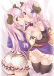  alternate_costume ass bare_shoulders black_gloves breasts cleavage elbow_gloves gloves granblue_fantasy hair_over_one_eye highres holding_hands horns large_breasts long_hair multiple_girls narmaya_(granblue_fantasy) no_panties pink_hair pointy_ears thighs thomasz 