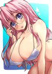  breasts cleavage glasses highres large_breasts long_hair looking_at_viewer lucky_star open_mouth pink_hair purple_eyes shinshin solo swimsuit takara_miyuki 