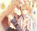  animal_ears bangs bare_shoulders berserker_(granblue_fantasy) blonde_hair blush breasts bunny_ears cape cleavage djeeta_(granblue_fantasy) dual_persona fake_animal_ears fang gauntlets gradient gradient_background granblue_fantasy grin holding holding_weapon looking_at_another medium_breasts mikan-uji moneybag multiple_girls pelt sage_(granblue_fantasy) short_hair simple_background smile spoken_money spoken_squiggle squiggle staff sweatdrop upper_body weapon yellow_eyes yen_sign 